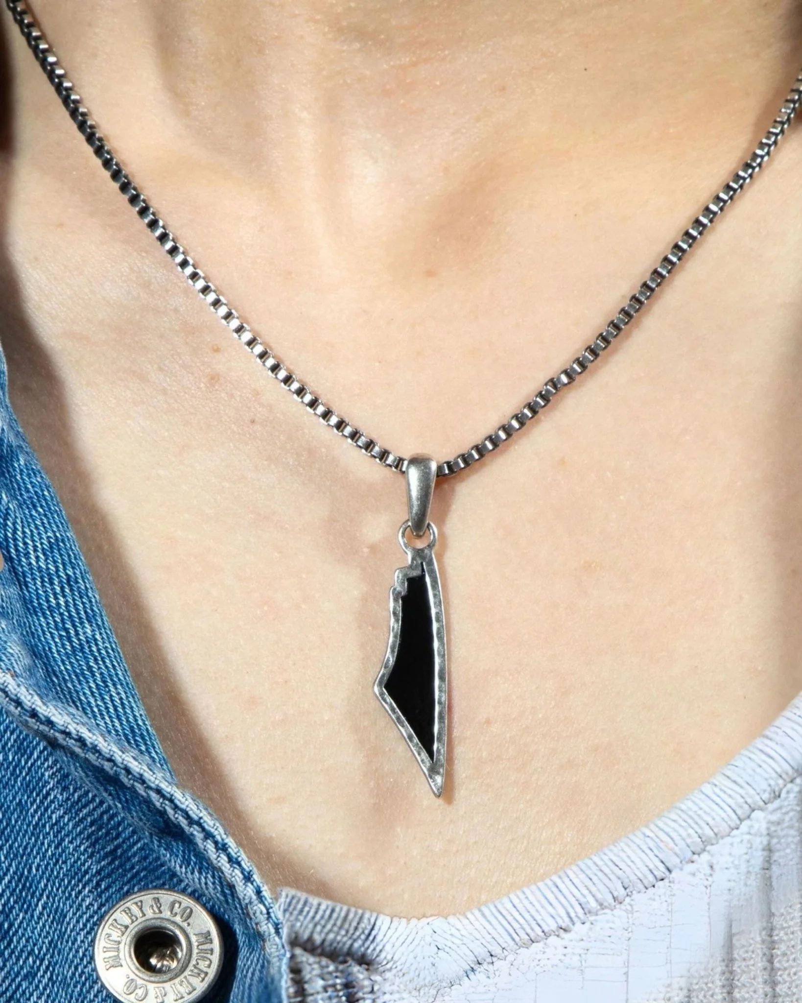 White Agate Stone Map of Palestine Necklace Silver